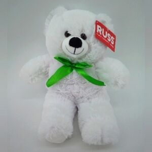 NWT RUSS White Plush Bear Green Bow Clean Fluffy Plushy Teddy Stuffed Animal